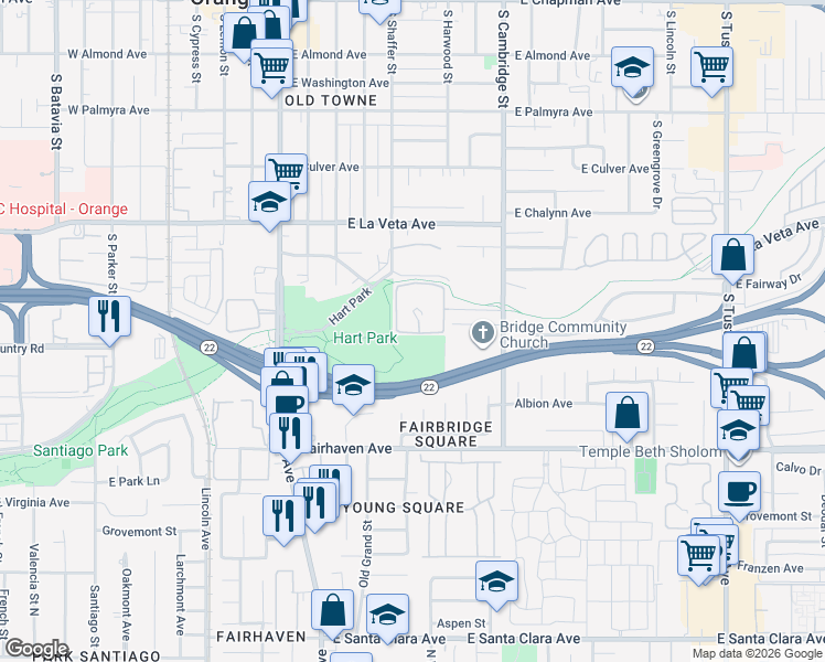 map of restaurants, bars, coffee shops, grocery stores, and more near 700 East Lake Drive in Orange
