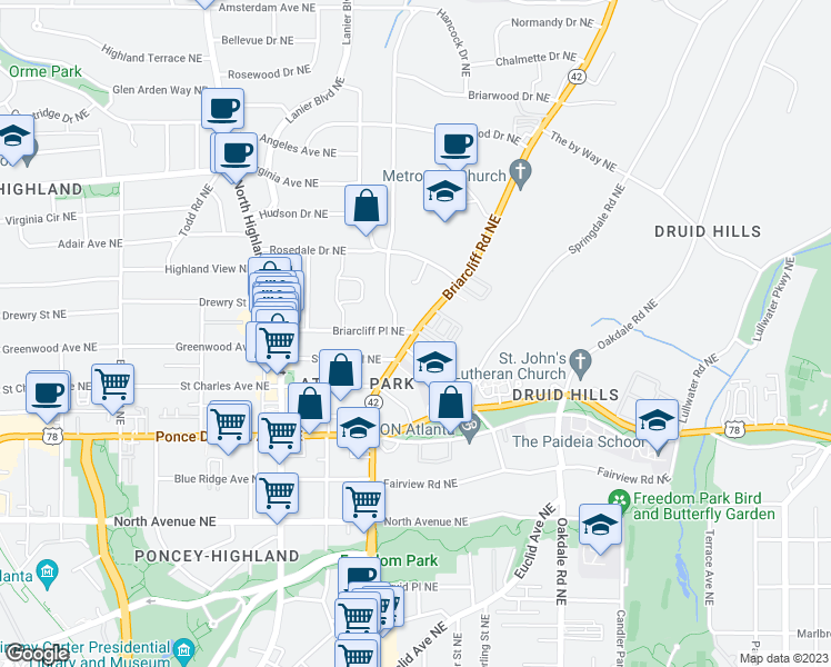 map of restaurants, bars, coffee shops, grocery stores, and more near Briarcliff Rd NE & Briarcliff Pl NE in Atlanta