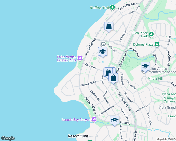 map of restaurants, bars, coffee shops, grocery stores, and more near 2109 Chelsea Road in Palos Verdes Estates