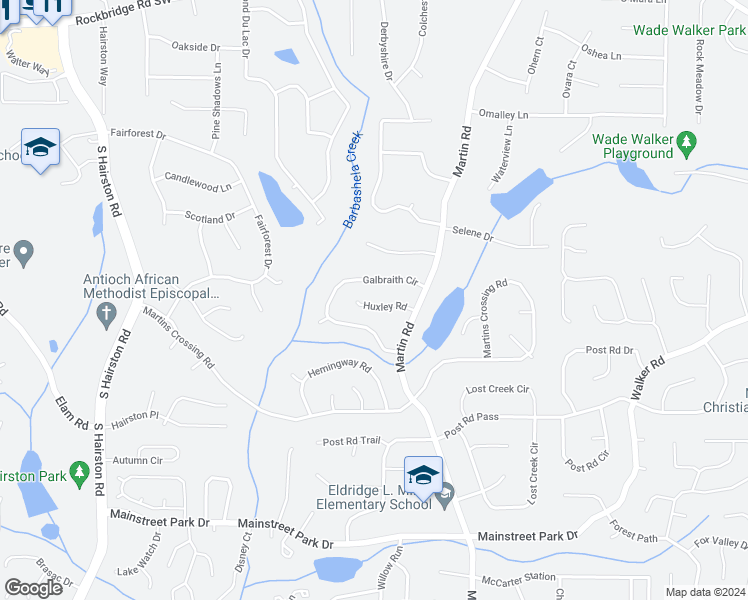 map of restaurants, bars, coffee shops, grocery stores, and more near 5142 Huxley Road in Stone Mountain