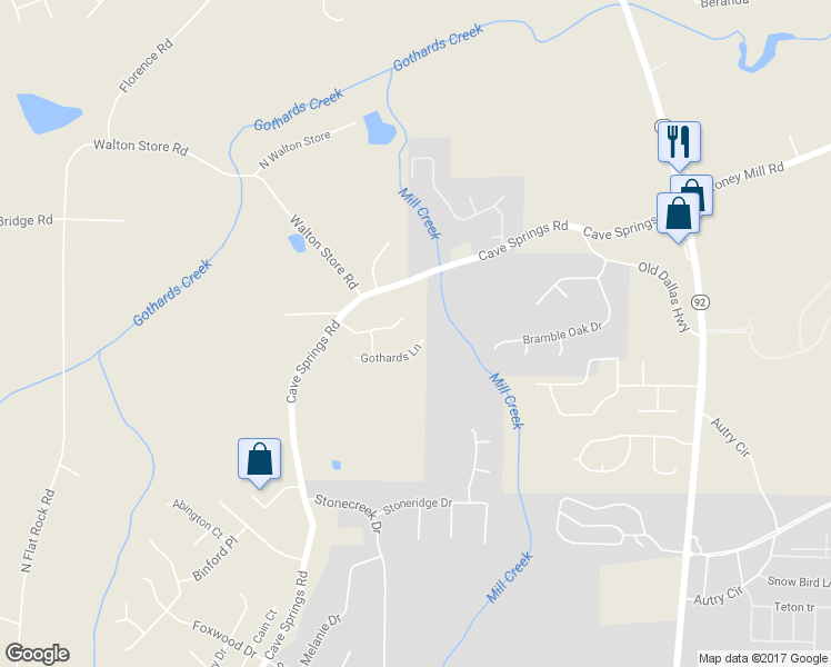map of restaurants, bars, coffee shops, grocery stores, and more near 6307 Gothards Lane in Douglasville