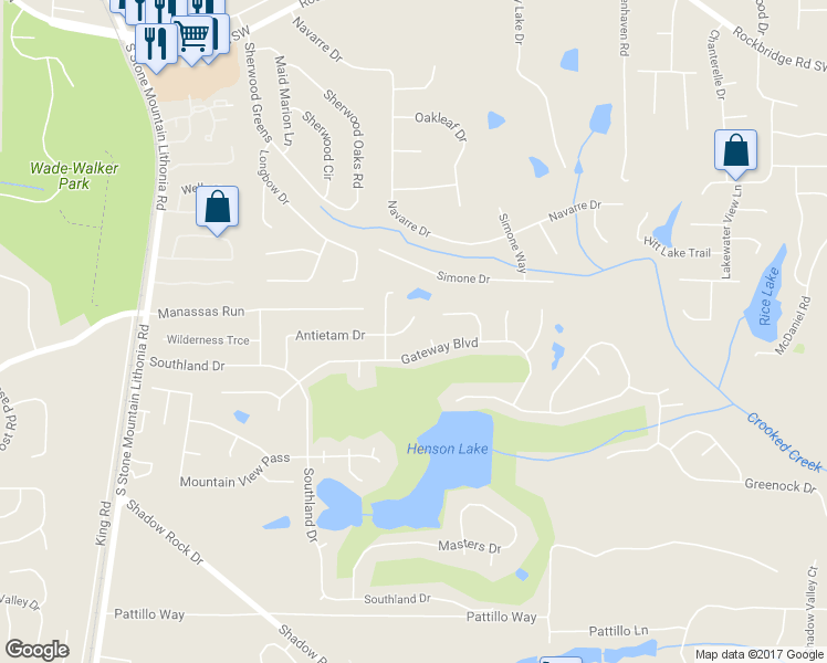map of restaurants, bars, coffee shops, grocery stores, and more near 550 Antietam Drive in Stone Mountain