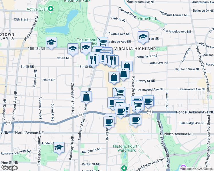 map of restaurants, bars, coffee shops, grocery stores, and more near 582 Greenwood Avenue Northeast in Atlanta
