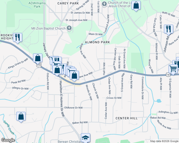 map of restaurants, bars, coffee shops, grocery stores, and more near Peyton Avenue Northwest in Atlanta