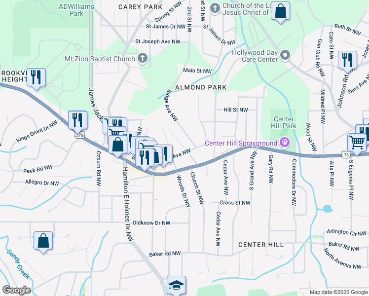 map of restaurants, bars, coffee shops, grocery stores, and more near Peyton Avenue Northwest in Atlanta