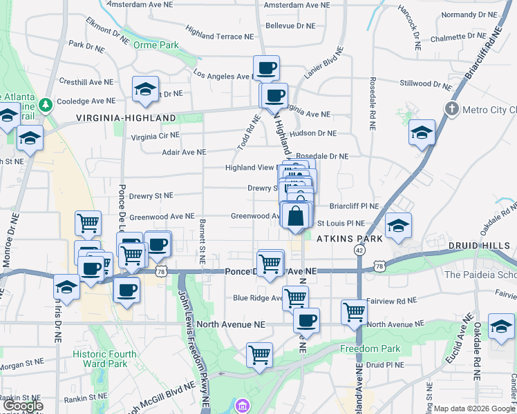 map of restaurants, bars, coffee shops, grocery stores, and more near 974 Greenwood Avenue Northeast in Atlanta