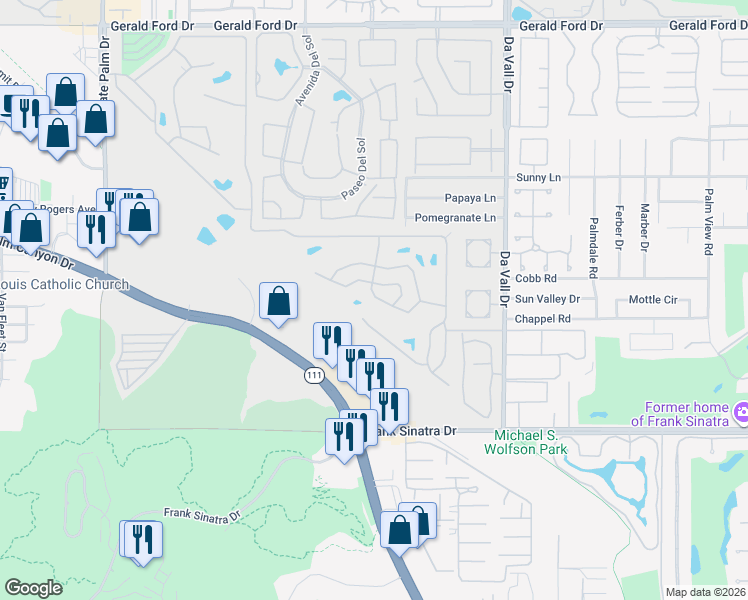 map of restaurants, bars, coffee shops, grocery stores, and more near 443 Paseo Perdido in Cathedral City