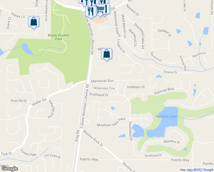 map of restaurants, bars, coffee shops, grocery stores, and more near 5622 Wilderness Trce in Stone Mountain