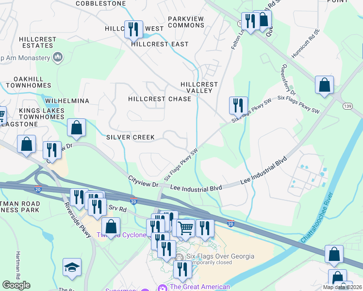 map of restaurants, bars, coffee shops, grocery stores, and more near 142 Silver Mine Trail Southeast in Austell