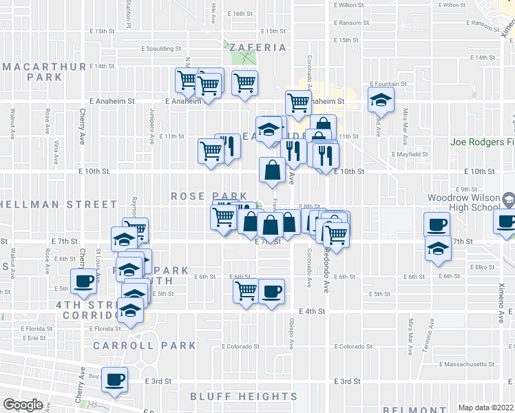 map of restaurants, bars, coffee shops, grocery stores, and more near 800 Orizaba Avenue in Long Beach