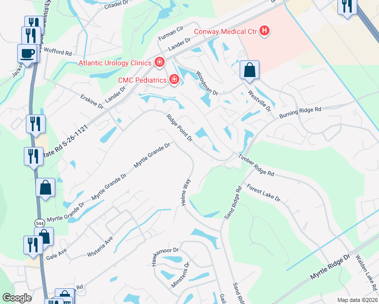 map of restaurants, bars, coffee shops, grocery stores, and more near 844 Helms Way in Conway