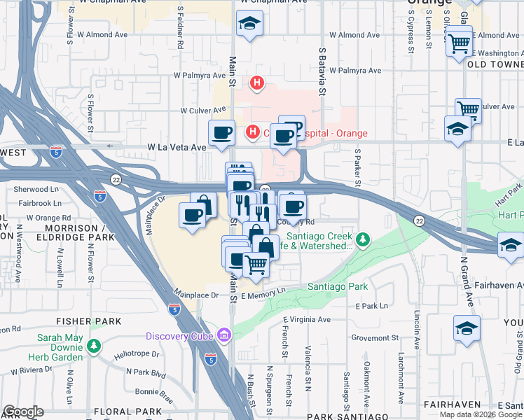 map of restaurants, bars, coffee shops, grocery stores, and more near 1235 Town and Country Road in Orange