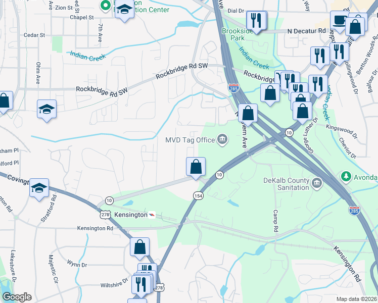 map of restaurants, bars, coffee shops, grocery stores, and more near 3458 Mountain Drive in Decatur