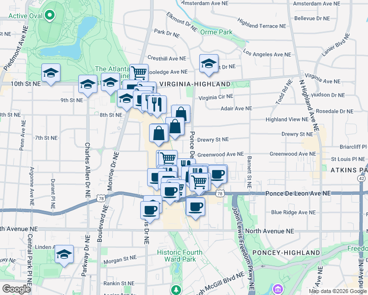 map of restaurants, bars, coffee shops, grocery stores, and more near 805 Highland Green Way Northeast in Atlanta