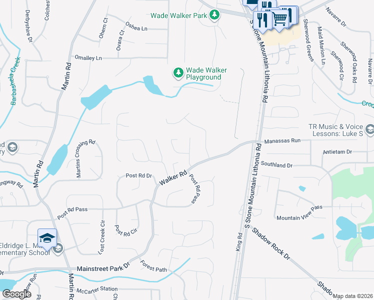 map of restaurants, bars, coffee shops, grocery stores, and more near 5410 Granite Court in Stone Mountain