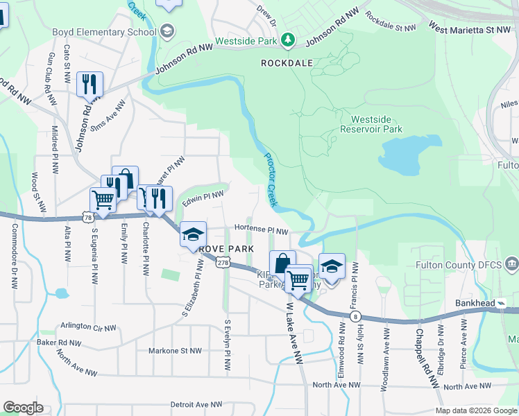 map of restaurants, bars, coffee shops, grocery stores, and more near 811 Gertrude Place Northwest in Atlanta