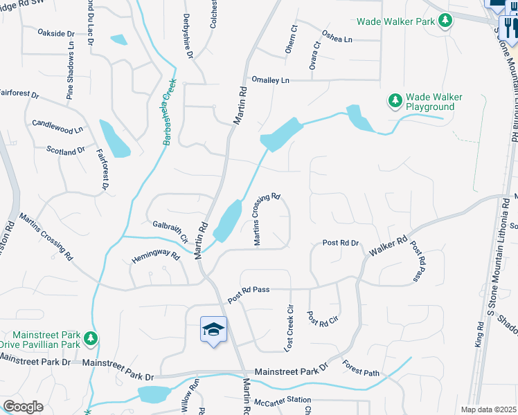 map of restaurants, bars, coffee shops, grocery stores, and more near 5432 Martins Crossing Road in Stone Mountain