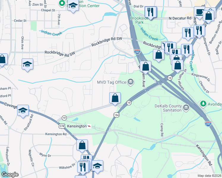 map of restaurants, bars, coffee shops, grocery stores, and more near 3458 Mountain Drive in Decatur