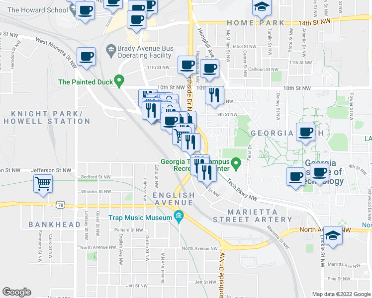 map of restaurants, bars, coffee shops, grocery stores, and more near 907 Marietta Street in Atlanta