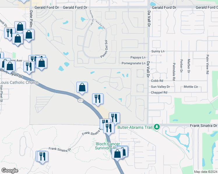 map of restaurants, bars, coffee shops, grocery stores, and more near 443 Paseo Perdido in Cathedral City