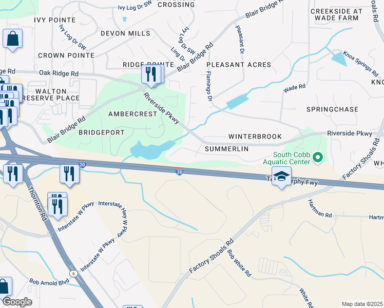 map of restaurants, bars, coffee shops, grocery stores, and more near 1237 Summerstone Trace in Austell