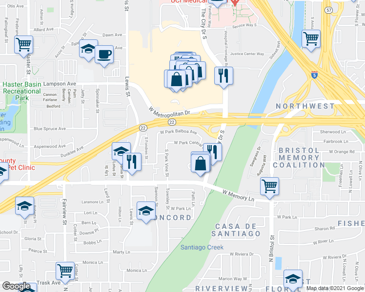 map of restaurants, bars, coffee shops, grocery stores, and more near 3624 West Park Central Avenue in Orange