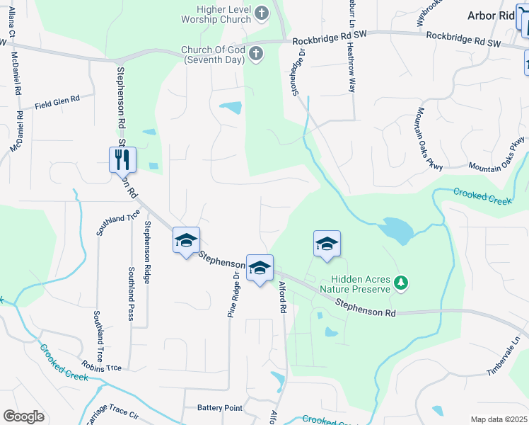 map of restaurants, bars, coffee shops, grocery stores, and more near 632 Bralorne Drive in Stone Mountain