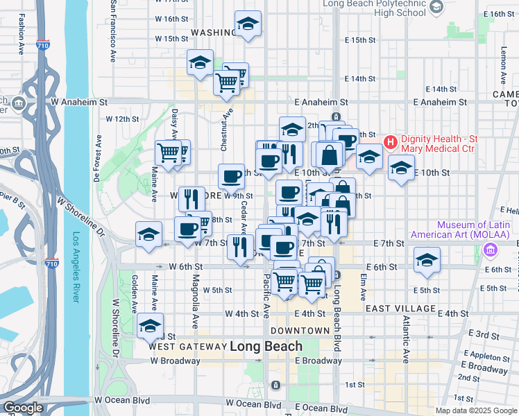 map of restaurants, bars, coffee shops, grocery stores, and more near 827 Pacific Avenue in Long Beach