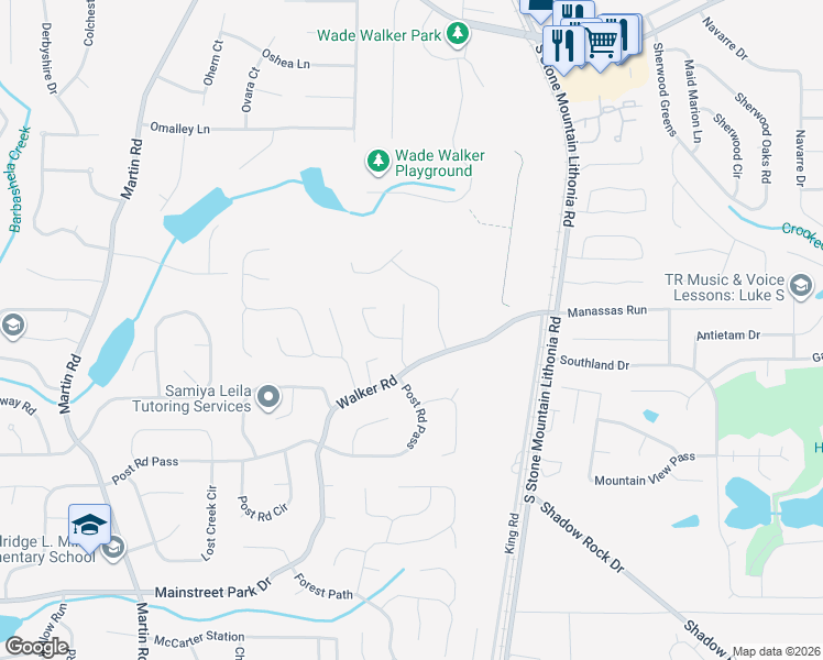 map of restaurants, bars, coffee shops, grocery stores, and more near 644 Granite Trce in Stone Mountain