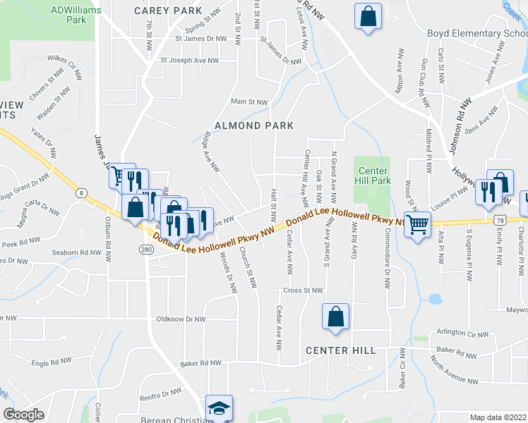 map of restaurants, bars, coffee shops, grocery stores, and more near 2430 Bellview Avenue Northwest in Atlanta