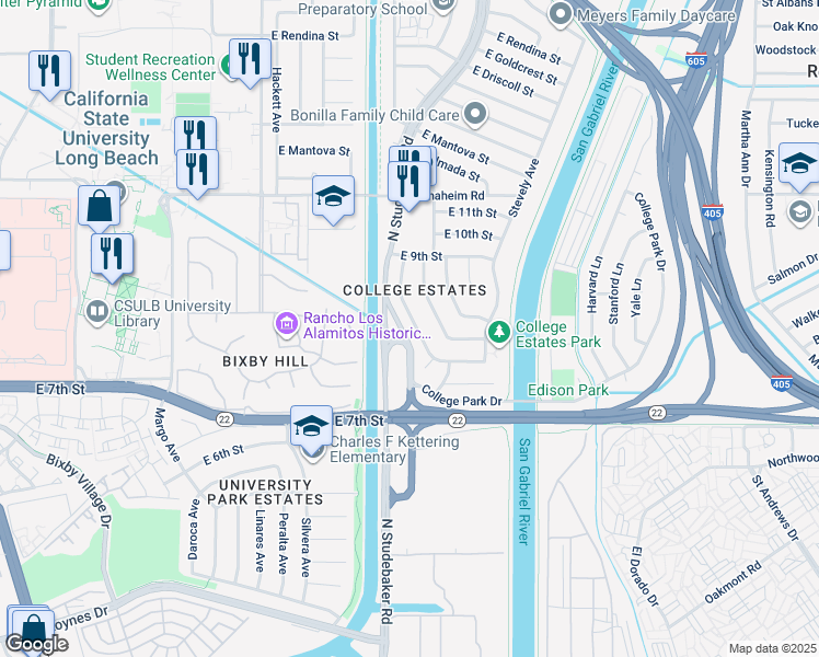 map of restaurants, bars, coffee shops, grocery stores, and more near 833 Lees Avenue in Long Beach