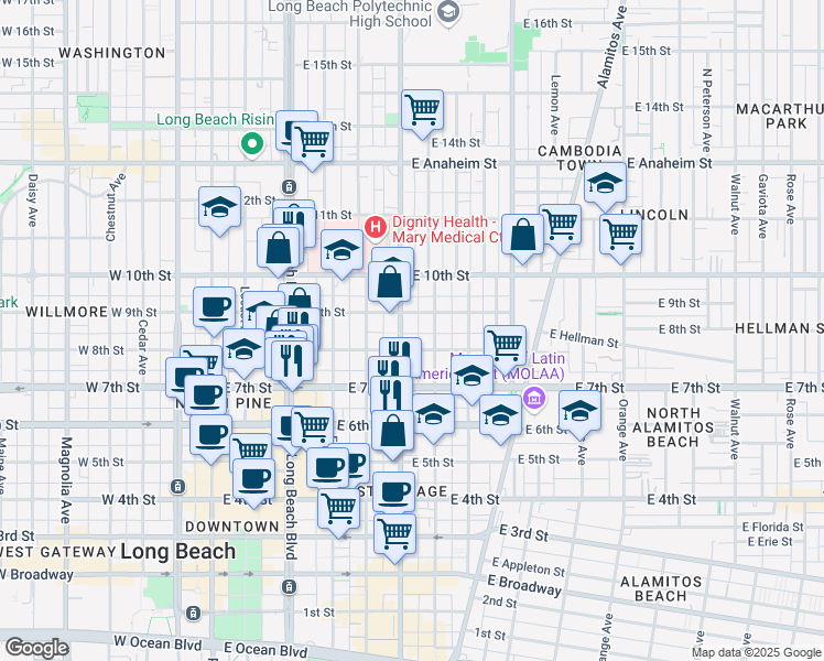 map of restaurants, bars, coffee shops, grocery stores, and more near 831 Atlantic Avenue in Long Beach