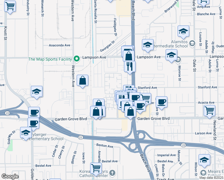 map of restaurants, bars, coffee shops, grocery stores, and more near 7720 Elmdale Way in Stanton