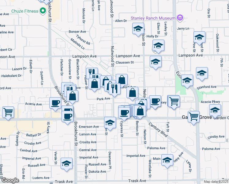 map of restaurants, bars, coffee shops, grocery stores, and more near 12776 Nutwood Street in Garden Grove