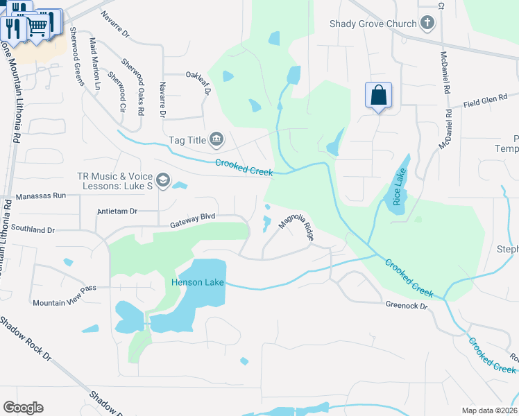 map of restaurants, bars, coffee shops, grocery stores, and more near 639 Vista Terrace in Stone Mountain