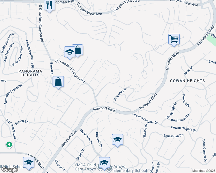 map of restaurants, bars, coffee shops, grocery stores, and more near 10572 Villa Del Cerro in Santa Ana