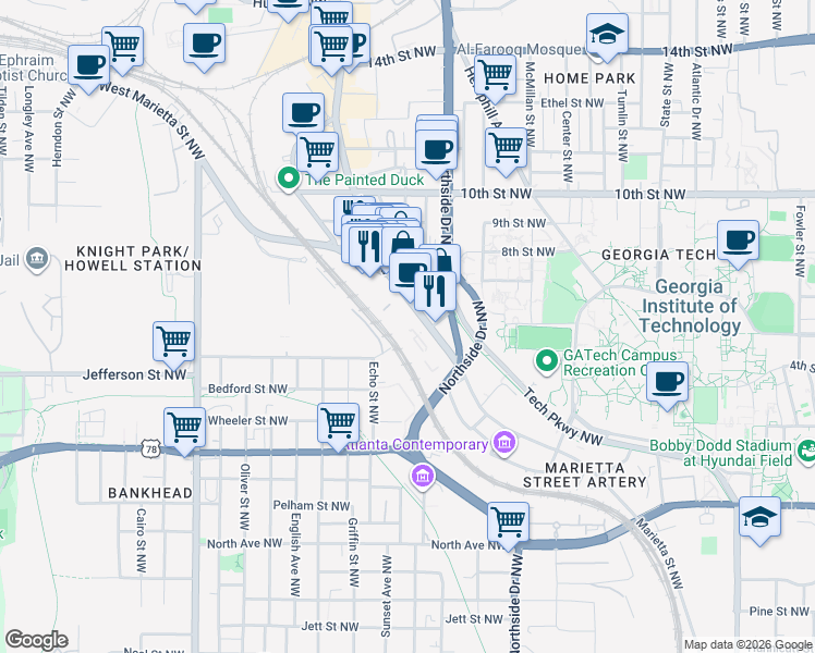map of restaurants, bars, coffee shops, grocery stores, and more near 950 Marietta Street NorthWest in Atlanta