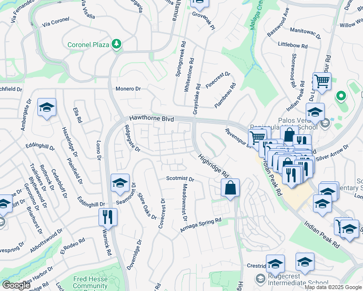 map of restaurants, bars, coffee shops, grocery stores, and more near 28025 Ridgebrook Court in Rancho Palos Verdes