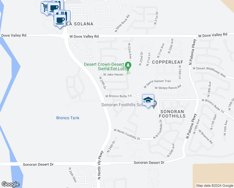 map of restaurants, bars, coffee shops, grocery stores, and more near 2352 West Bronco Butte Trail in Phoenix