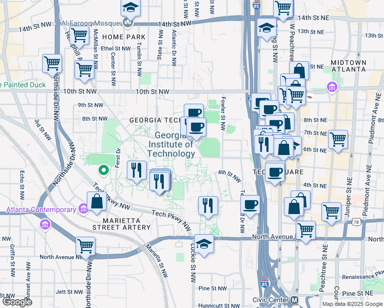 map of restaurants, bars, coffee shops, grocery stores, and more near 266 Ferst Drive Northwest in Atlanta