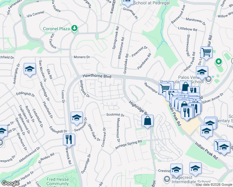 map of restaurants, bars, coffee shops, grocery stores, and more near 28025 Ridgebrook Court in Rancho Palos Verdes