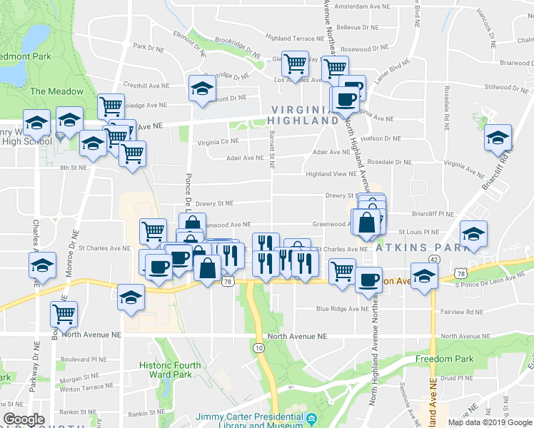 map of restaurants, bars, coffee shops, grocery stores, and more near 830 Barnett Street Northeast in Atlanta