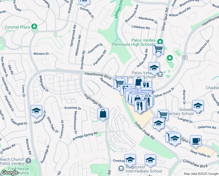 map of restaurants, bars, coffee shops, grocery stores, and more near 5658 Ravenspur Drive in Rancho Palos Verdes