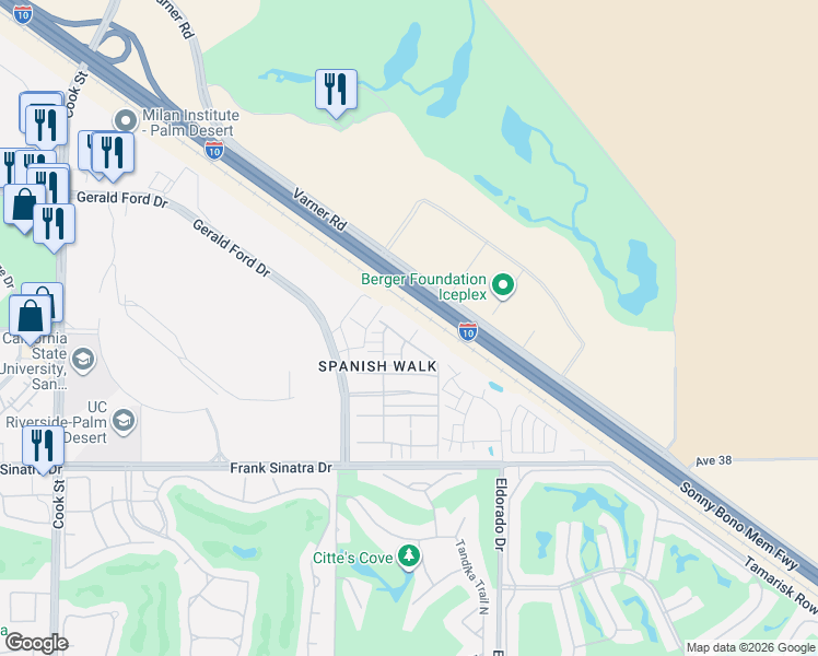 map of restaurants, bars, coffee shops, grocery stores, and more near 206 Paseo Bravo in Palm Desert