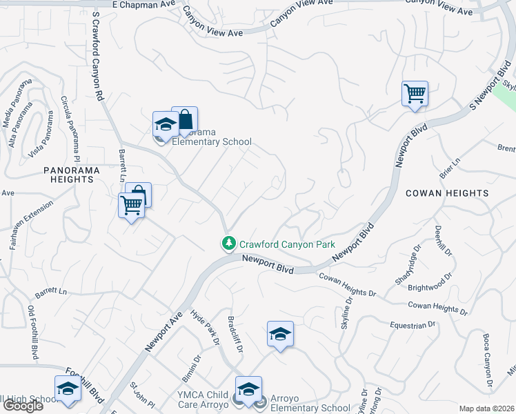 map of restaurants, bars, coffee shops, grocery stores, and more near 10572 Villa Del Cerro in Santa Ana