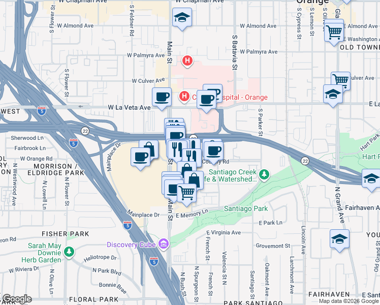 map of restaurants, bars, coffee shops, grocery stores, and more near 1235 Town and Country Road in Orange