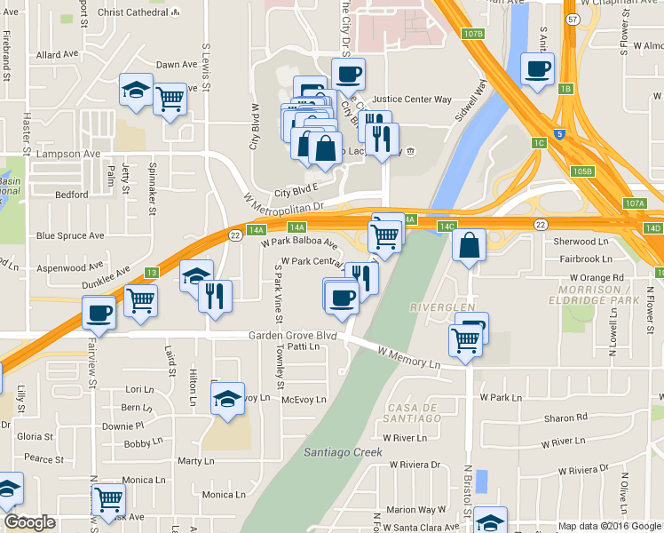 map of restaurants, bars, coffee shops, grocery stores, and more near 3445 West Park Central Avenue in Orange