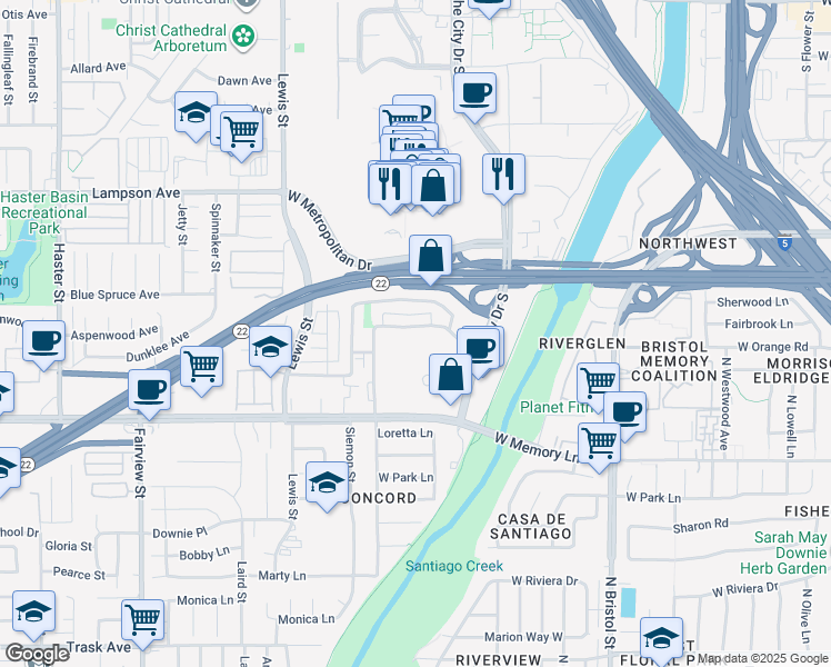 map of restaurants, bars, coffee shops, grocery stores, and more near 3624 West Park Central Avenue in Orange