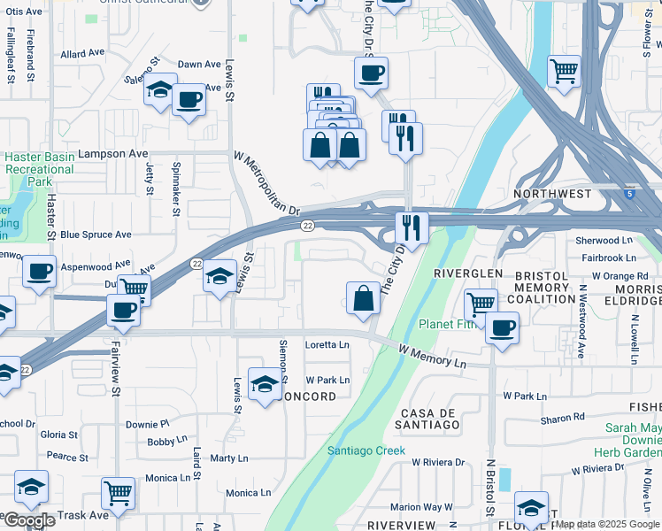 map of restaurants, bars, coffee shops, grocery stores, and more near 3624 West Park Central Avenue in Orange