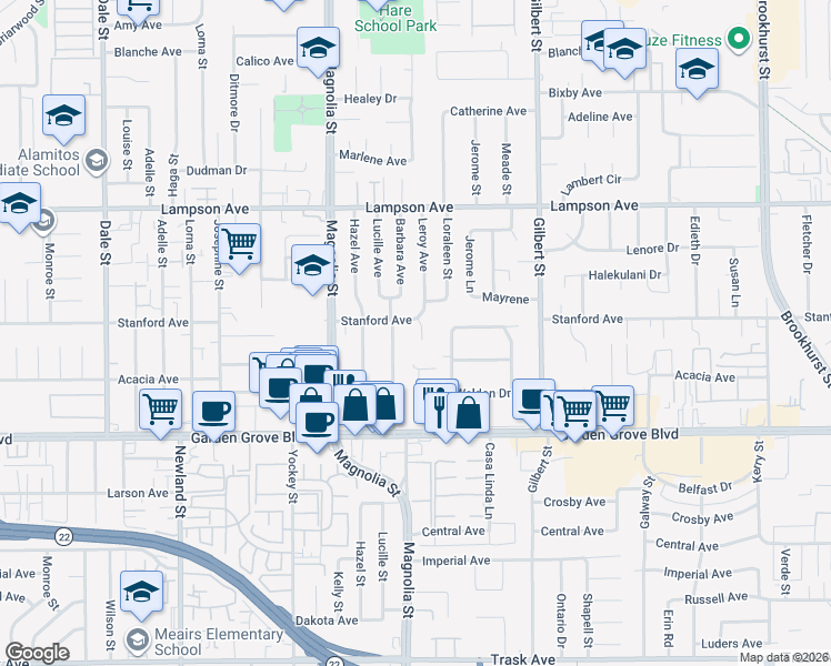 map of restaurants, bars, coffee shops, grocery stores, and more near 12781 Leroy Avenue in Garden Grove